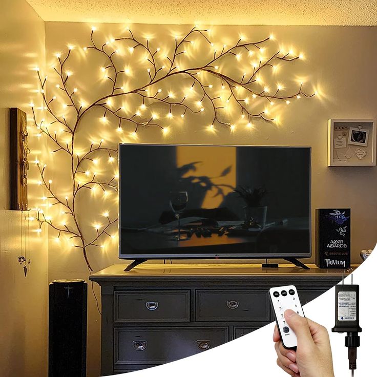 a person holding a remote control in front of a tv with christmas lights on it