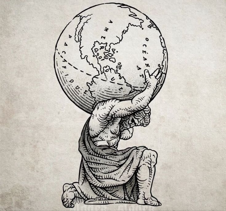 a drawing of a man holding the world on his shoulders