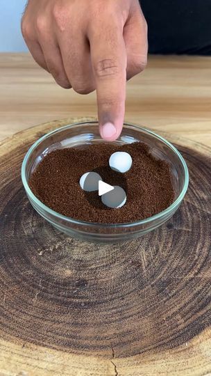 a person pointing at something in a bowl on top of a wooden table next to a piece of wood