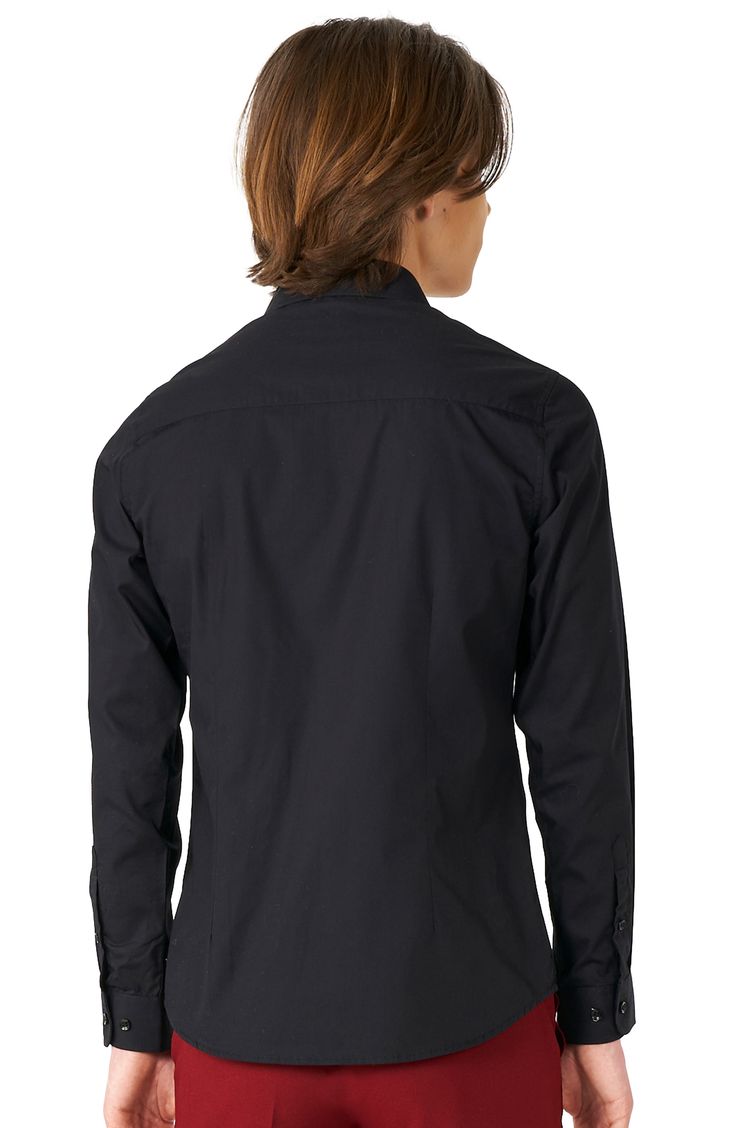 This shirt is an ideal garment to match with any suit and is long enough to tuck into their pants and stay there (even when they're running around). 55% cotton, 45% polyester Machine wash, line dry Imported Slim Fit Cotton Top With Fold Down Collar, Black Slim Fit Cotton Dress Shirt, Cotton Slim Fit Top With Fold Down Collar, Cotton Tops With Slim Fit And Fold Down Collar, Black Cotton Top With Fold-down Collar, Black Cotton Top With Fold Down Collar, Black Cotton Tops With Fold Down Collar, Formal Stretch Cotton Shirt, Knight Dress