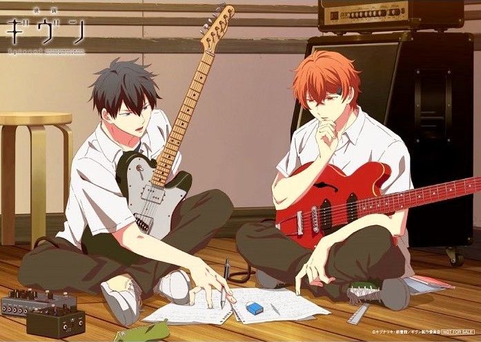 two young men sitting on the floor with guitars in front of them, one holding a guitar