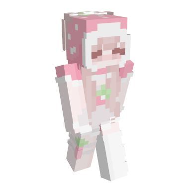 a pink and white pixellated character standing in front of a white background