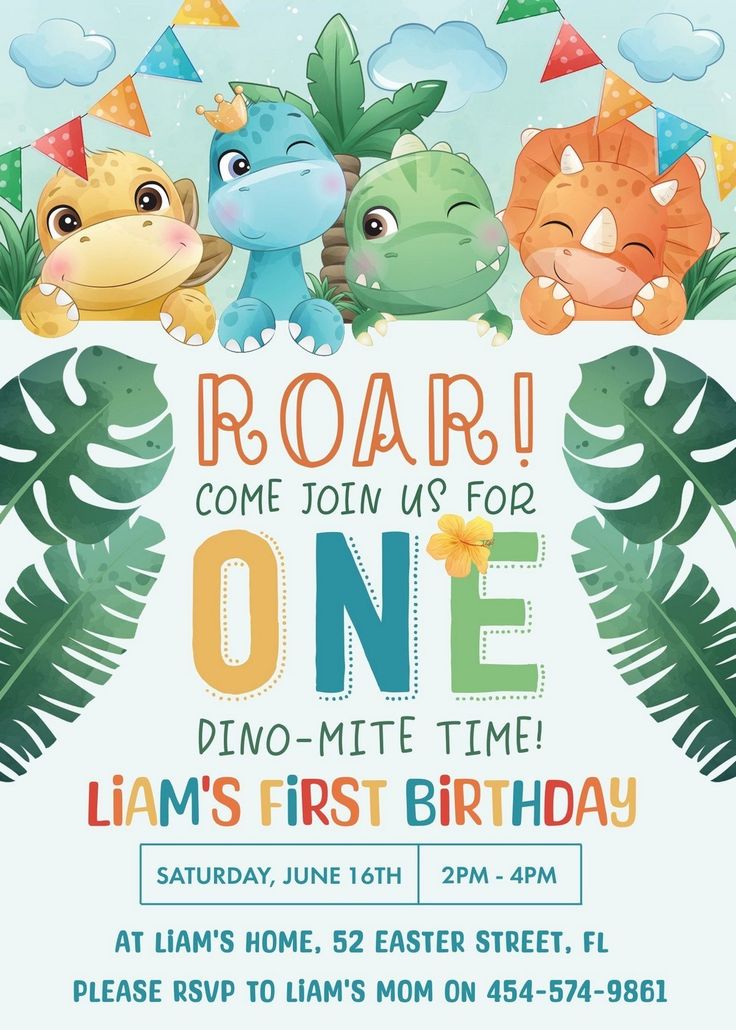 a children's first birthday party with dinos and flowers on the front, in blue