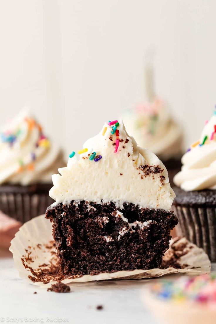 chocolate cupcakes with white frosting and sprinkles