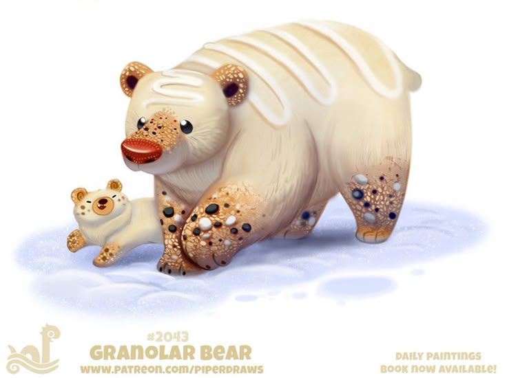 a ceramic bear and her cub are shown in this image, with snow on the ground