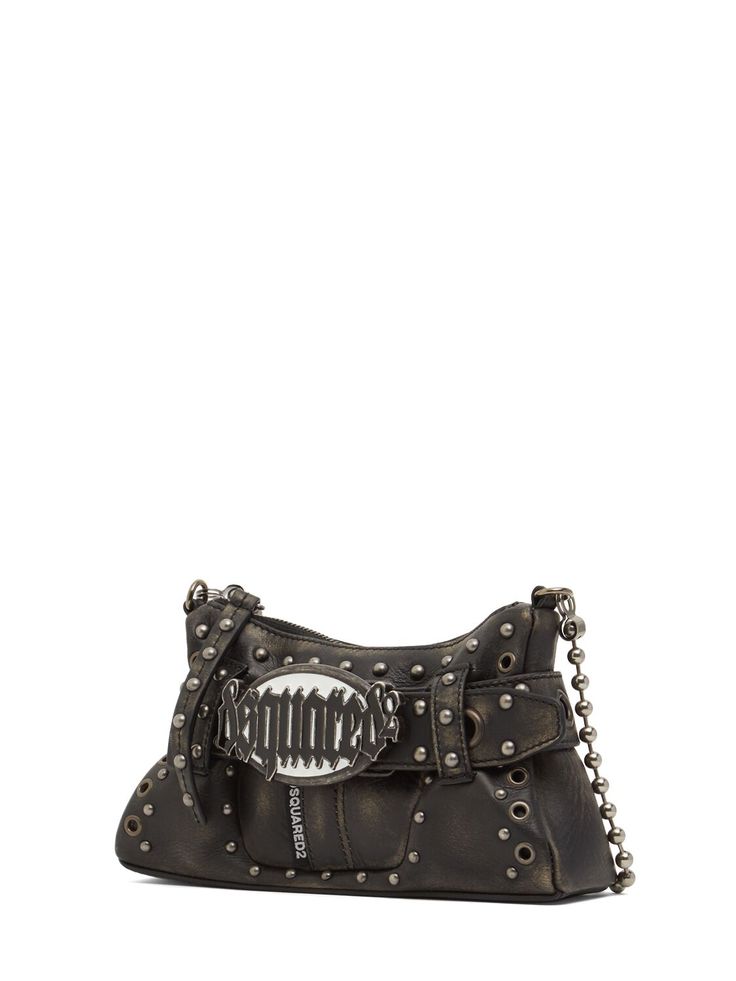 Height: 12cm Width: 23cm Depth: 4.5cm. Strap drop: 22cm. Detachable leather strap. Top zip closure. Metal logo detail. Studded details. Decorative metal chain detail Evening Crossbody Shoulder Bag With Gunmetal Hardware, Silver-tone Crossbody Shoulder Bag, Evening Saddle Shoulder Bag With Silver-tone Hardware, Leather Clutch With Silver-tone Hardware For Daily Use, Handheld Leather Shoulder Bag With Palladium Hardware, Leather Clutch Satchel With Chain Strap, Evening Leather Saddle Bag With Metal Hardware, Clutch Shoulder Bag With Silver-tone Hardware, Brown Shoulder Bag With Gunmetal Hardware For Evening