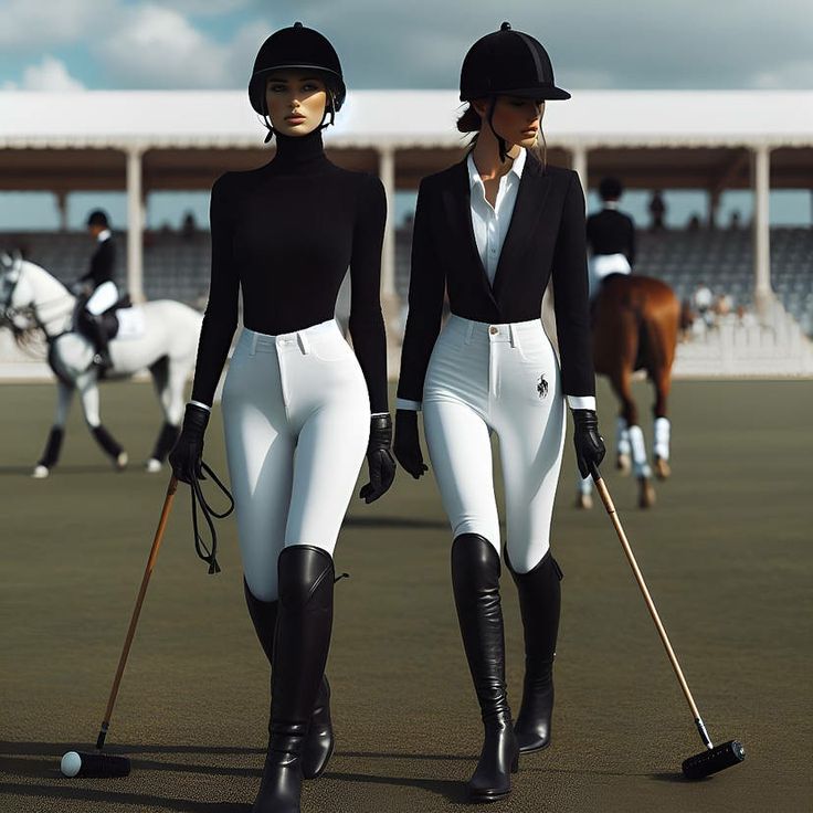 two women in riding gear are walking with their horses