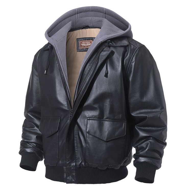 Created in black, this marvelous men's bomber jacket is what you need to stay warm during winter. Crafted from genuine leather, it is filled with cotton for extra softness. Lined with polyester, the loose fit of this air force style jacket offers unmatched comfort. Closed with a zipper, its smart turn-down collar adds a touch of brilliance while the full sleeves offer a snug feel. Get this glorious jacket soon!

Specifications
Brand Name: GeraldBlack
Gender: MEN
Outerwear Type: Leather & Suede
M Hooded Leather Jacket With Fleece Lining For Fall, Solid Leather Jacket For Winter Streetwear, Winter Leather Jacket With Double-lined Hood For Outdoor, Leather Outerwear With Double-lined Hood For Cold Weather, Winter Leather Jacket With Double-lined Hood For Cold Weather, Classic Hooded Leather Jacket For Winter, Leather Outerwear With Ribbed Cuffs For Winter, Hooded Leather Jacket With Pockets For Cold Weather, Leather Outerwear For Cold Weather