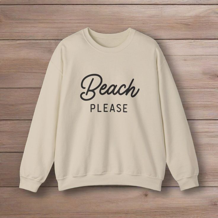 "BEACH please" sweatshirt – a perfect fusion of style and attitude that encapsulates the essence of seaside bliss! Elevate your casual wardrobe with this chic and sassy statement piece that effortlessly exudes laid-back vibes. Whether you're enjoying a coastal stroll, catching waves, or simply unwinding under the sun, this sweatshirt is designed to complement your beachy lifestyle. The versatile design seamlessly transitions from day to night, making it a must-have for every beach enthusiast's wardrobe. More than just a fashion statement, the "BEACH please" sweatshirt is a conversation starter – guaranteed to turn heads and elicit smiles wherever you go. Share your love for the beach and proudly declare your seaside state of mind to the world. S M L XL 2XL 3XL Width, in 20.00 22.01 24.00 2 Trendy Crew Neck Sweater For Beach, Trendy Cotton Sweater For Vacation, Vacation Crew Neck Sweater For Beach Season, Casual Relaxed Fit Sweater For Vacation, Trendy Summer Leisure Sweatshirt, Trendy Summer Sweatshirt With Letter Print, Trendy Summer Beach Sweatshirt, Trendy Letter Print Sweatshirt For Beach, Trendy Beach Sweatshirt For Summer