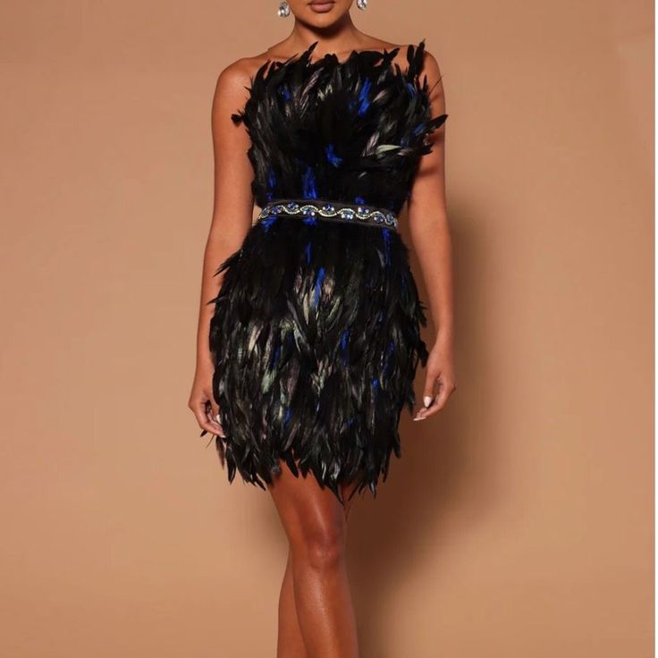 Black Feathered Mini Cocktail Dress. This Dress Has A Strapless Neckline And A Cocktail Silhouette. The Fabric Has A Little Bit Of Stretch. It Can Be Worn For Night Out, And Semi Formal Events. Size Xs Never Worn Sleeveless Feather Dress For Club, Sleeveless Feathered Club Dress, Feathered Sleeveless Club Dress, Sleeveless Feather Dress For Night Out, Summer Club Mini Dress With Feathers, Feathered Mini Dress For Club In Summer, Sleeveless Mini Dress With Feathers For Club, Black Strapless Dress With Feathers, Sleeveless Feathered Mini Dress For Cocktail