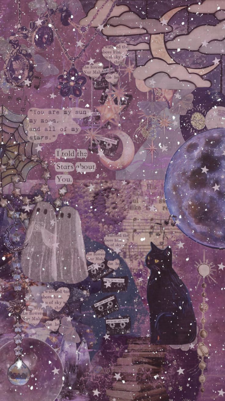 an artistic painting with cats and stars in the night sky, on purple paper background