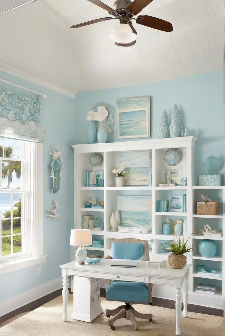 coastal home decor, home office design, beach house decor, coastal interior design Coastal Office Decor, Beachy Office, Coastal Office Ideas, Beach House Office, Coastal Home Office, Office Interior Decor, Nautical Room Decor, Coastal Home Ideas, Coastal Office