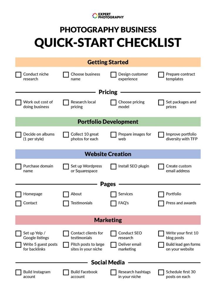 a printable checklist for photographers with the words,'photography business quick start checklist '