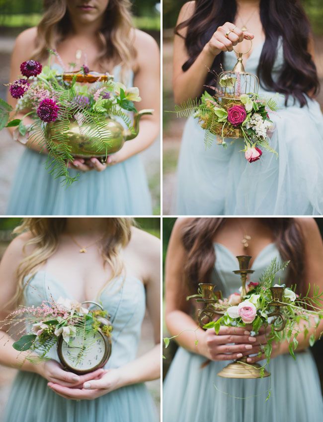 a woman in a blue dress holding flowers and a clock with greenery on it