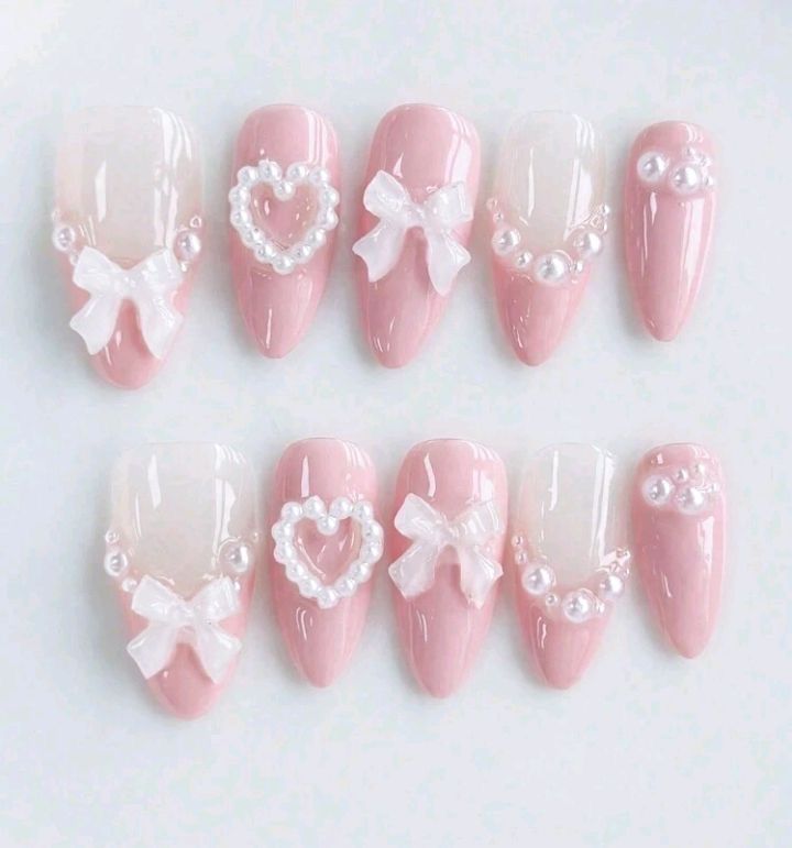 Fake Nails Designs Pink, Easter Nails With Charms, Cutsie Girly Nails, Heart Inspired Nails, Pretty Princess Nails, Pearl Nail Gems, Crystal Pink Nails, Nail Art Designs With Bow, Nails With 3d Bows