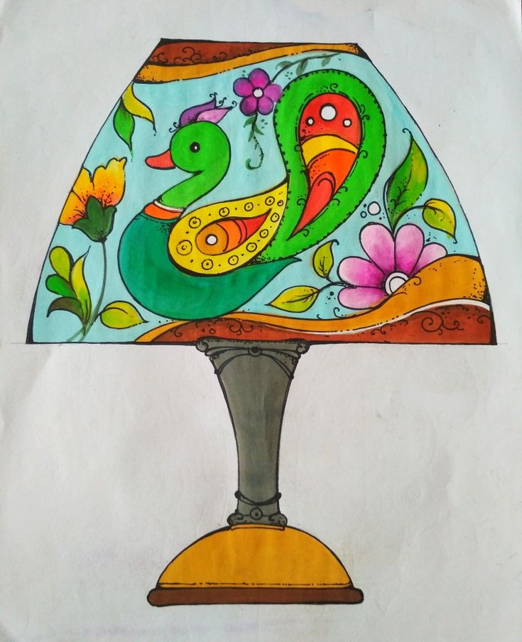 a drawing of a lamp with two birds on it and flowers around the lampshade