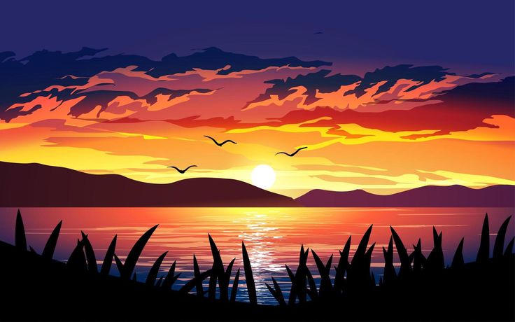 a painting of the sun setting over water with birds flying in the sky above it