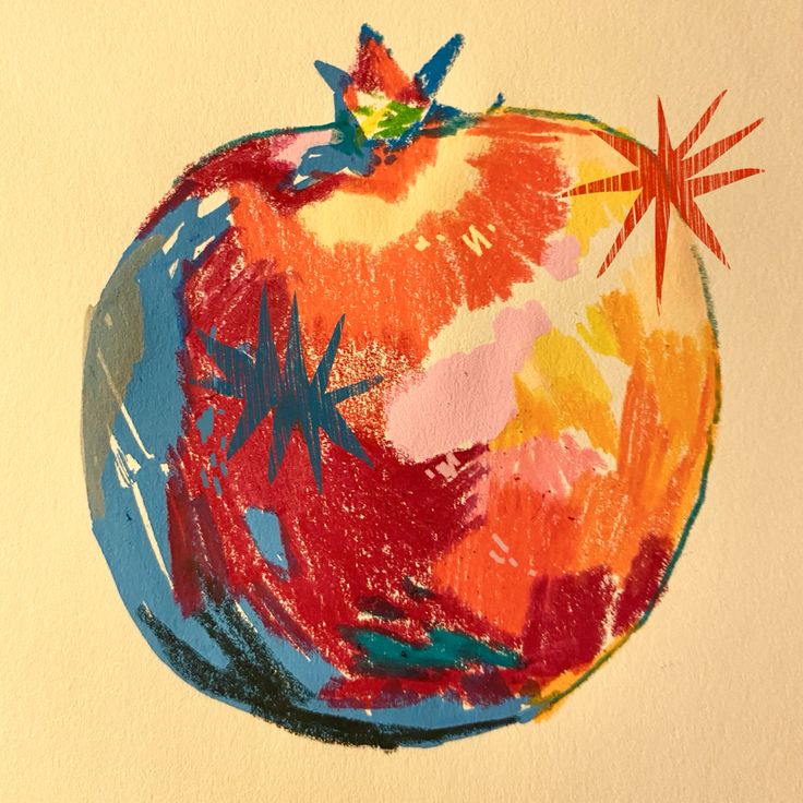 an apple painted with colored crayons on white paper