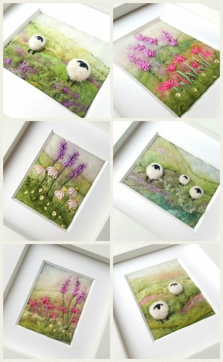 four pictures of sheep in the grass with flowers