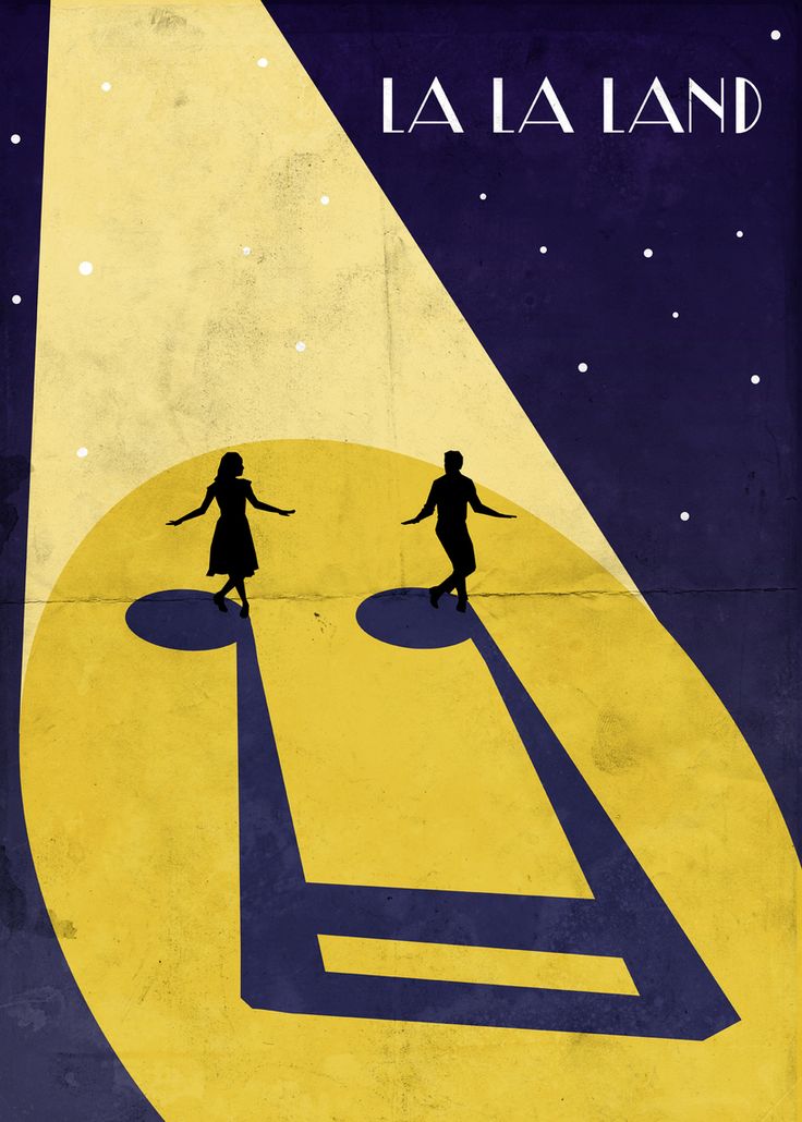 two people walking across a yellow and blue poster with the words la la land on it