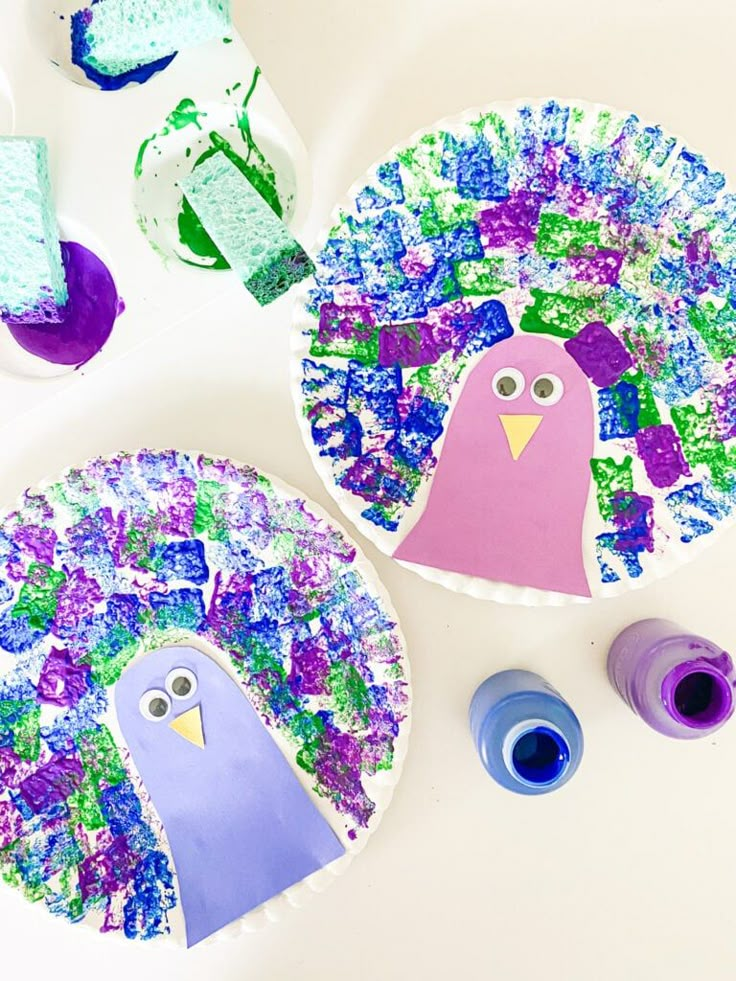 paper plate crafts for kids to make with peacocks, flowers and watercolor paints