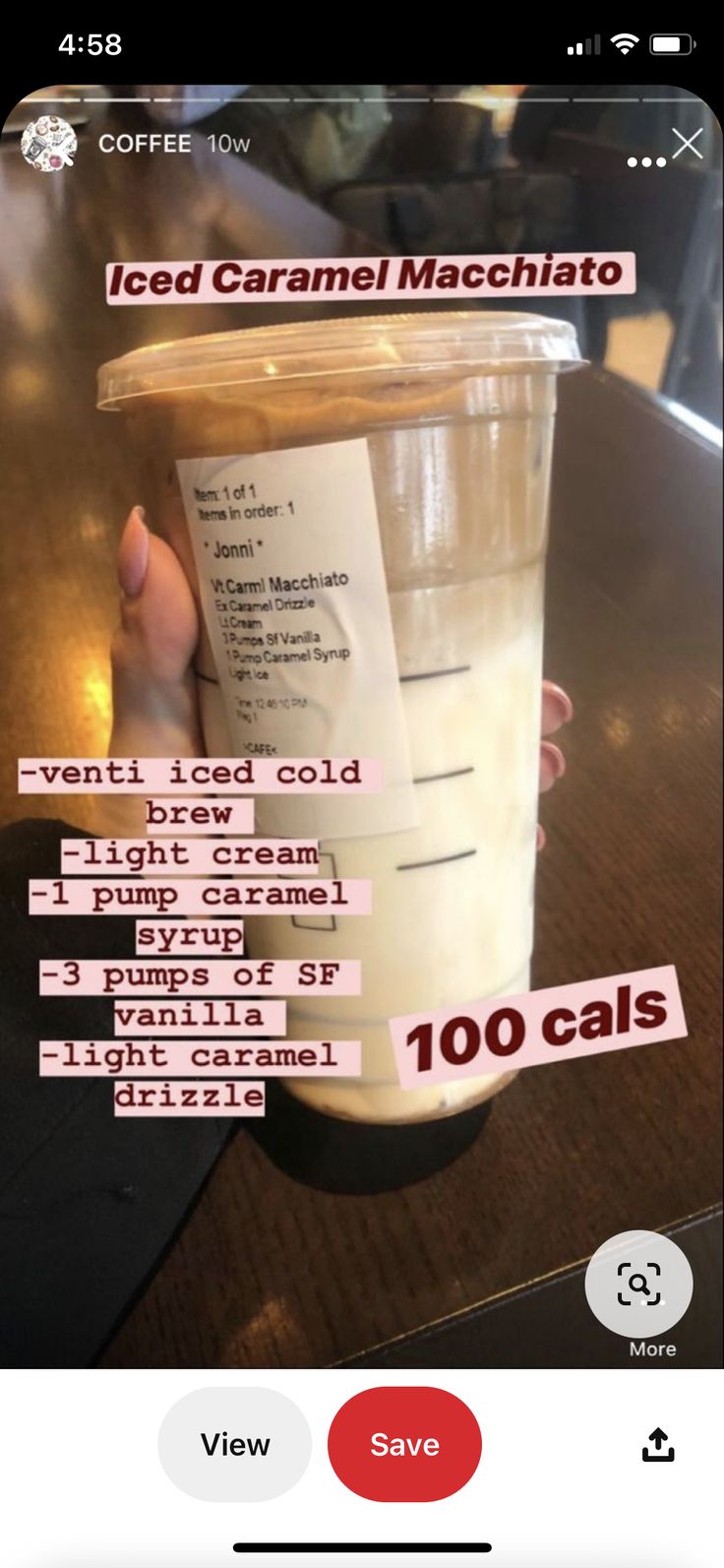 someone is holding up a cup of iced caramel macchianoa drink for $ 10