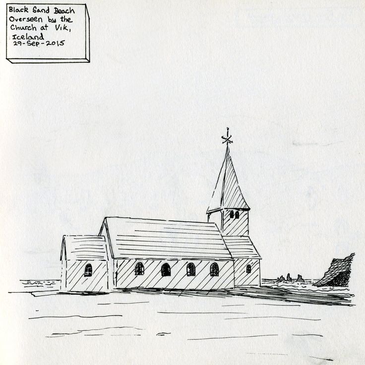 a drawing of a church with a steeple on it's roof and an airplane in the background