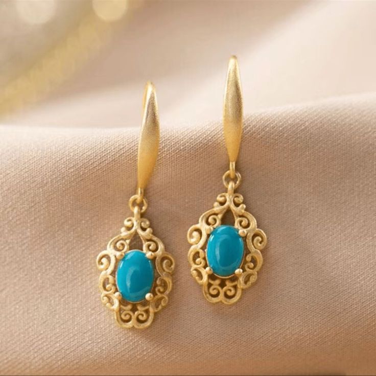 Hollow Flower Pattern With Oval Turquoise Decor Dangle Earrings Bohemian Style Copper 24k Gold Plated Jewelry Exquisite Female Gift Turquoise Decor, Turquoise Earrings Dangle, 925 Silver Earrings, Fine Earrings, Engagement Jewelry, Gold Earrings Dangle, 925 Jewelry, Ear Jewelry, Turquoise Earrings