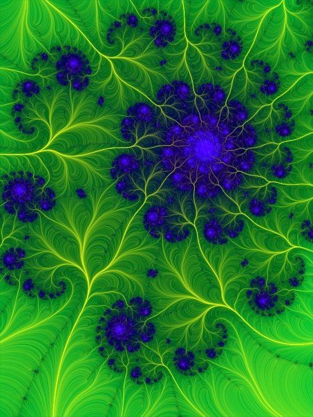 an abstract green and blue design with lots of leaves in the center, as seen from above