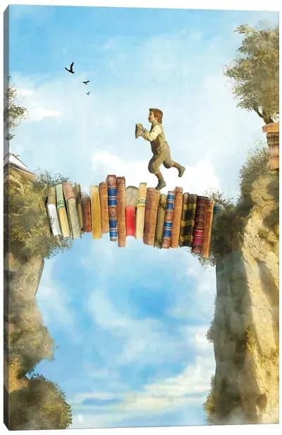 a man walking across a bridge made out of books