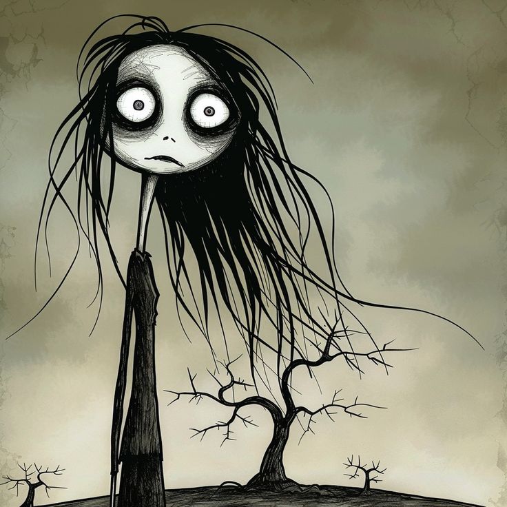 a drawing of a creepy face with long hair on top of a hill next to a tree