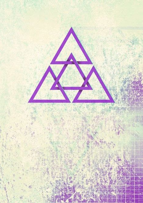 a purple triangle on a green and white background with grungy textured edges