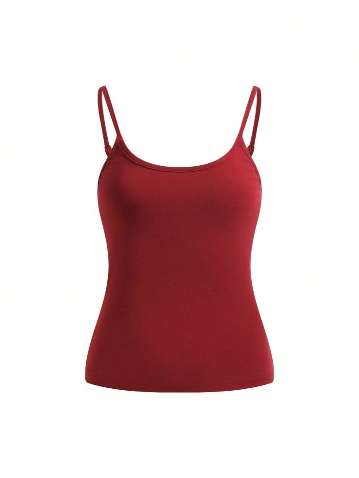 Solid Cami Top Burgundy Casual   Knitted Fabric Plain Cami Medium Stretch  Women Clothing, size features are:Bust: ,Length: ,Sleeve Length: Dark Red Tank Top, Downtown Shirts, Shelby Core, Bracket Patterns, Spagetti Tops, Burgundy Clothes, Red Spaghetti Strap Top, Maroon Tank Top, Red Top Women