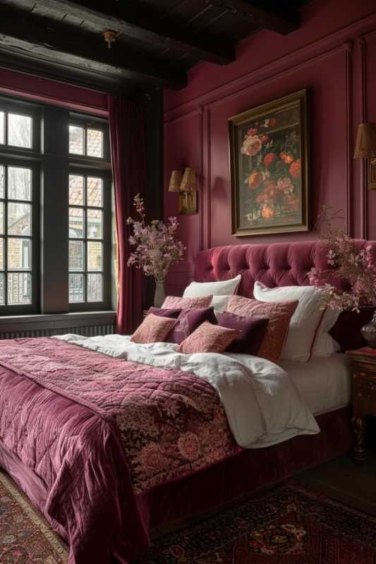 a large bed sitting under a window next to a painting on the wall in a bedroom