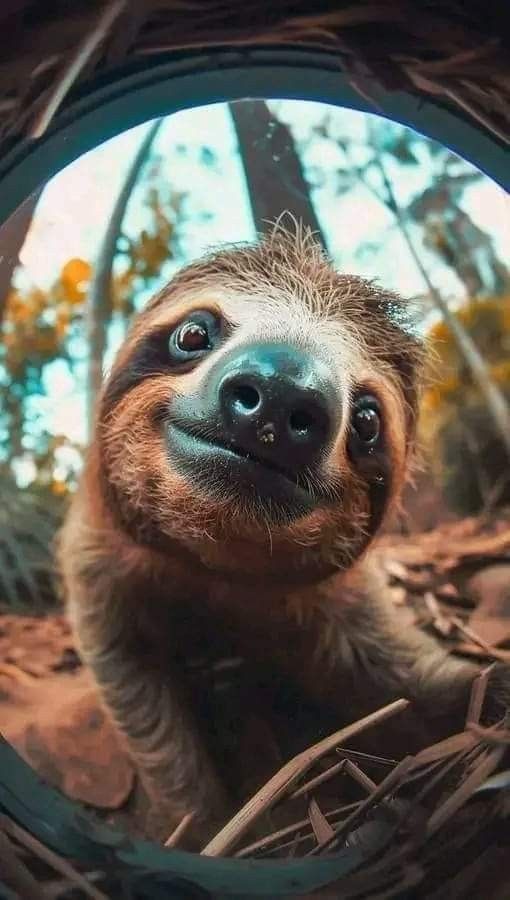 a sloth looking at the camera through a circular hole in the ground with its mouth open