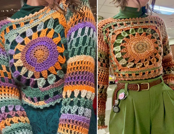 two pictures of different crocheted sweaters and one has a green skirt on it