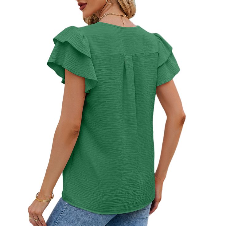 Green Chiffon V-neck Ruffled Short Sleeve Top Green V-neck Top With Ruffles, Green Chiffon Tops For Work, Green Chiffon Tops For Workwear, Green Chiffon V-neck Top, Green V-neck Chiffon Top, Solid Chiffon V-neck Tops, Chiffon V-neck Tops, Green Flowy Ruffled Blouse, Flowy Green Blouse With Flutter Sleeves