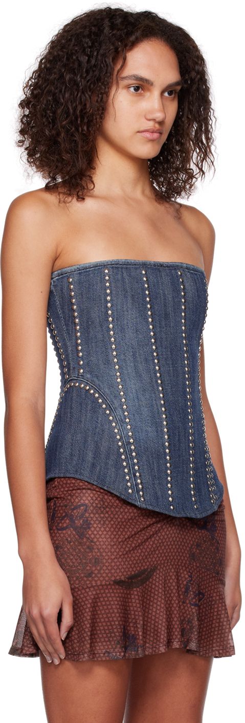 Deadstock stretch denim corset. Rivet detailing and boning throughout. · Straight neck · Zip closure at back · Silver-tone hardware Supplier color: Duran Denim Corset Top, Mesh Corset, Denim Corset, Shirt Accessories, Hoodie Dress, Denim Top, Corset Top, Designer Outfits Woman, Stretch Denim