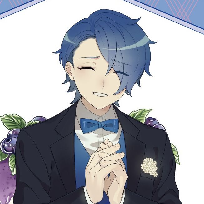 an anime character with blue hair wearing a suit and bow tie, holding his hands together