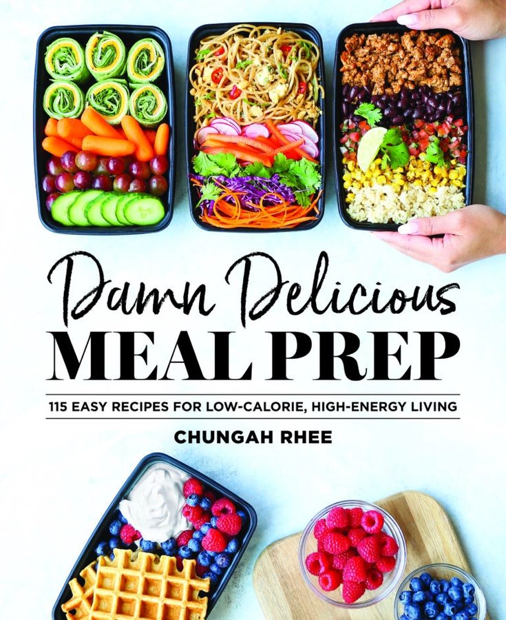 the cover of damn delicious meals meal prep by chugah rheee, featuring waffles, fruit and veggies