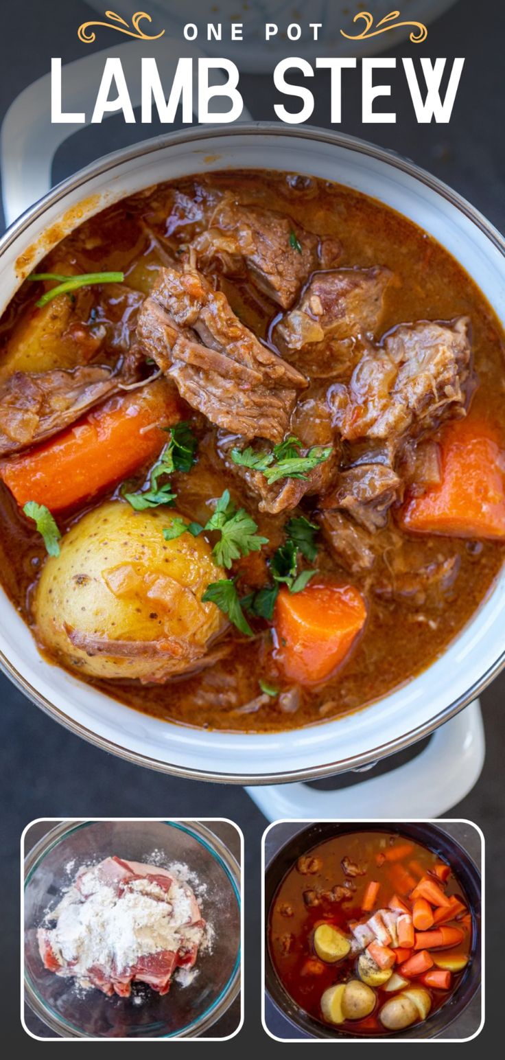 lamb stew with carrots, potatoes and parsley in a white bowl on a table