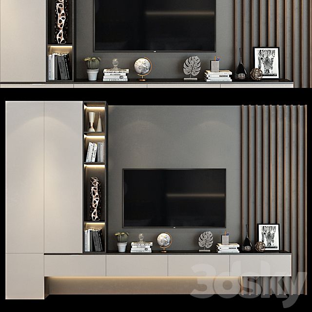 two pictures of the same wall unit in a living room, one with a flat screen tv on it