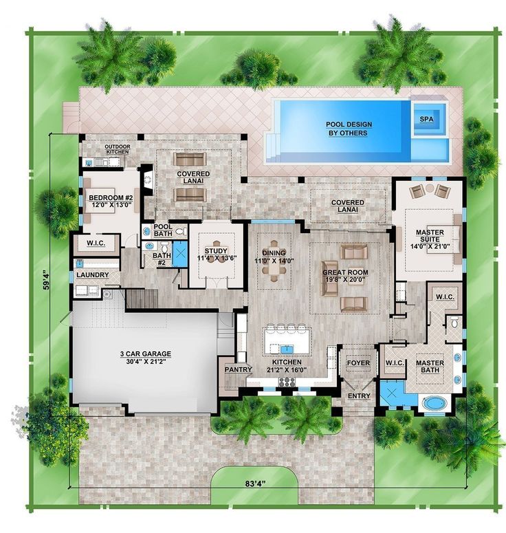 an aerial view of the floor plan for a house with swimming pool and hot tub