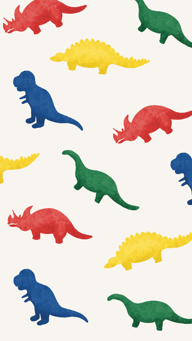 colorful dinosaur silhouettes on white paper with red, green, yellow and blue colors