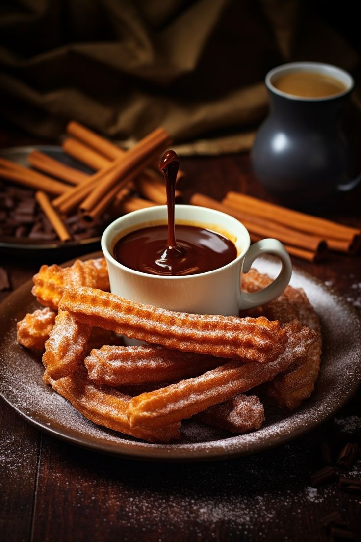 some churros are sitting on a plate with dipping sauce in the cup and cinnamon sticks next to it