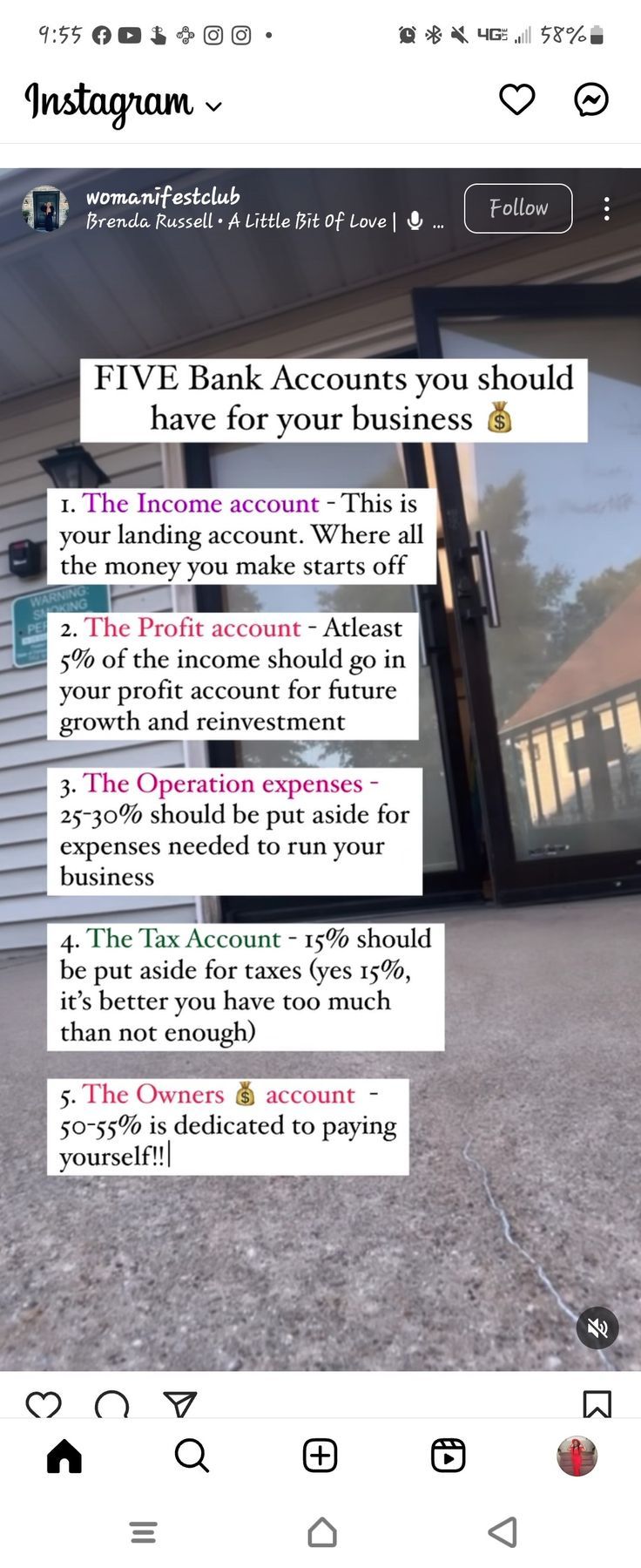 an instagram page with the text five bank accounts you should have for your business