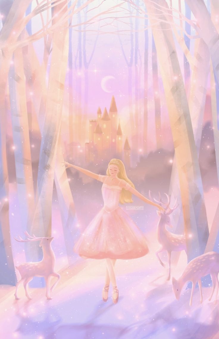 a girl in a pink dress is walking through the woods with deer and castle behind her