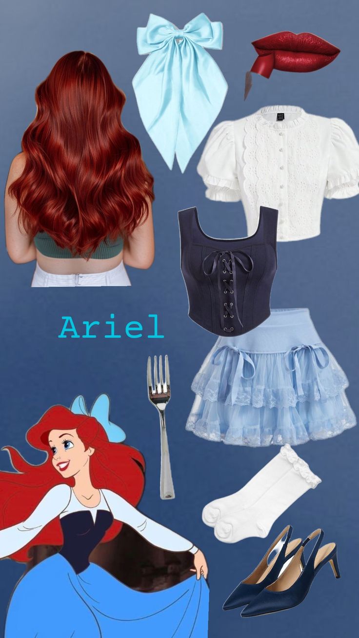 ariel from the little mermaid is shown with her dress, shoes, and headband