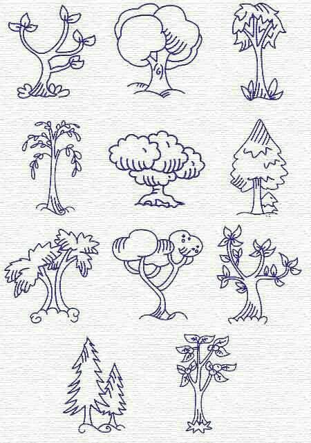 various trees and shrubs drawn in blue ink