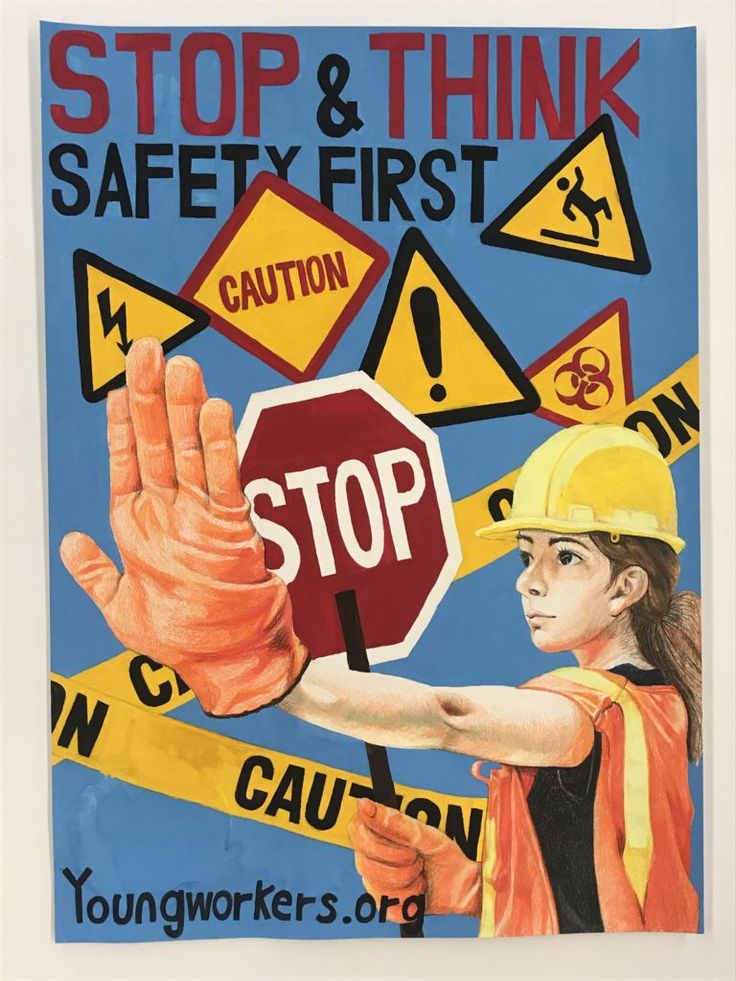 a poster with an image of a woman holding a stop and think safety first sign